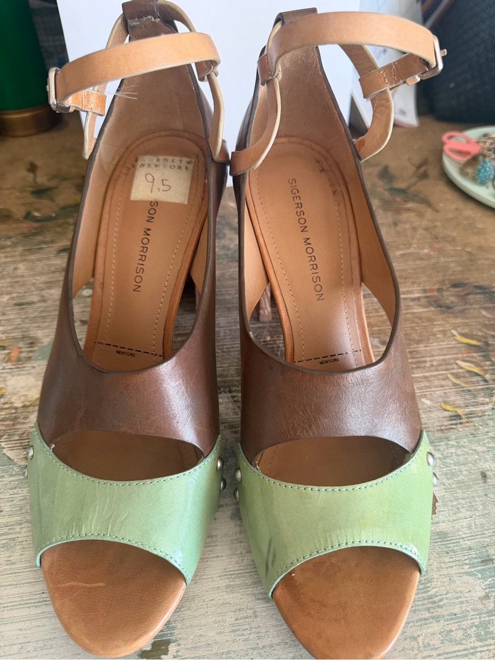 Sigerson Morrison Two-Tone Brown and Light Green Leather Peep-Toe Heels vintage